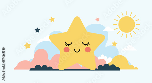 Smiling yellow star character with rosy cheeks sleeping in a dreamlike sky filled with colorful clouds and a bright sun for a nursery theme.