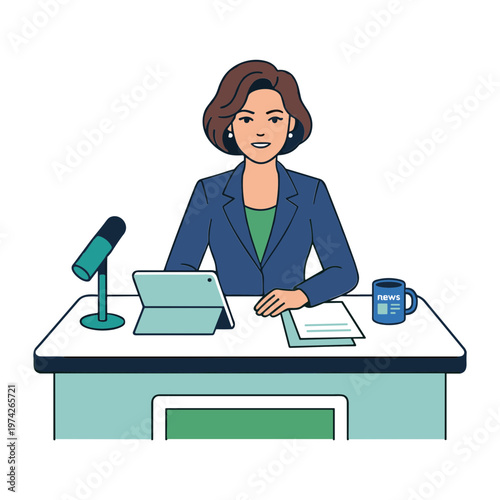A woman sits at a desk with a laptop and microphone in a news studio setup.