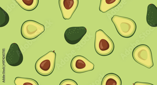 Healthy food seamless pattern featuring whole and halved avocados with brown pits on a soft green background for kitchen or nutrition themes.