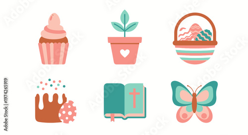 Easter and Spring Icon Set in Flat Design with Cupcake, Potted Plant, Basket with Eggs, Traditional Bread, Bible, and Butterfly