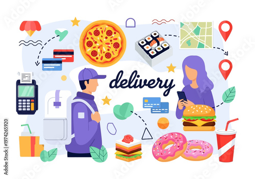 Online Food Delivery Service Concept Vector Illustration with Courier, App Ordering, and Fast Food Icons
