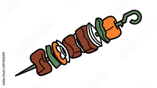 Delicious Skewered Food with Meat, Vegetables, and a Metal Skewer.
