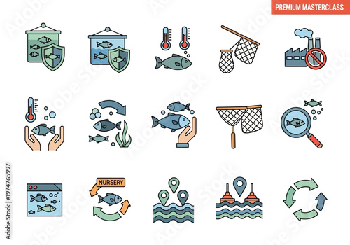 Aquaculture and Sustainable Fish Farming Icon Set for Marine Industry and Environmental Conservation