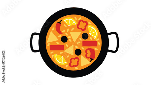 Delicious Spanish Paella Dish with Fresh Ingredients, Top View.