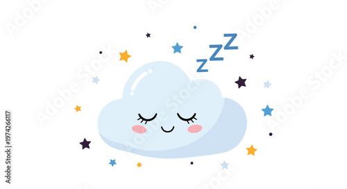 Cute cartoon cloud character is sleeping peacefully with closed eyes and pink cheeks while surrounded by stars and zzz symbols on a white background.