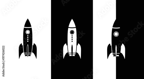 Title three rocket silhouettes a study in contrast and space exploration description this image features three identical rocket silhouettes against alternating black