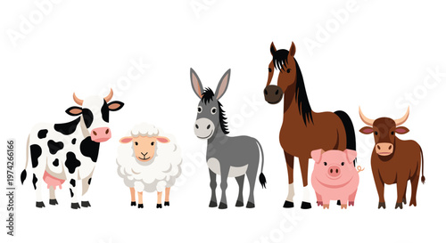 Diverse collection of farm animals including a cow, sheep, donkey, horse, pig, and bull are standing together in a row against a plain white background.