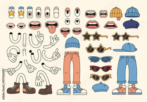 Retro Cartoon Character Creator Kit with Rubber Hose Style Body Parts, Expressions, and Fashion Accessories in Vintage Aesthetic