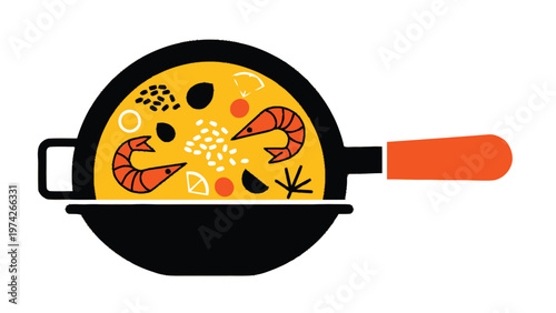 Delicious Spanish Paella Dish with Shrimp and Saffron Rice.