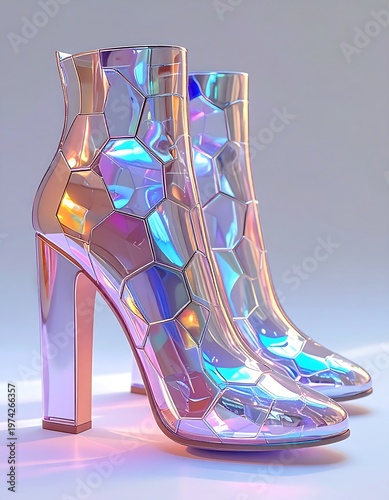 Futuristic, high-heeled boots with an iridescent, geometric design reflecting light. The footwear stands on a gradient surface, creating a visual interplay