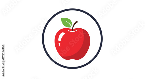 Simple icon of a ripe red apple with a single green leaf is enclosed within a dark circular border and placed centrally on a clean white background.