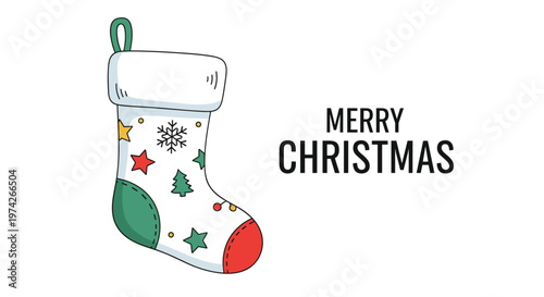 Festive Christmas stocking with star and tree patterns is displayed next to the text merry christmas on a clean white background for holiday decor.