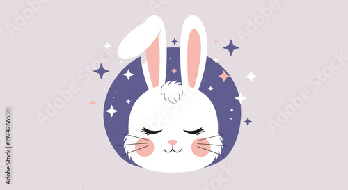 Cute white rabbit with closed eyes and pink cheeks is shown against a purple circular background filled with white and pink stars in the night sky.