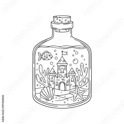 Cute cartoon line drawing of an underwater scene with a castle in a glass bottle
