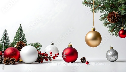 Festive holiday scene featuring evergreen boughs, ornaments in various colors, miniature trees, and pinecones. A snowy ground completes the winter aesthetic