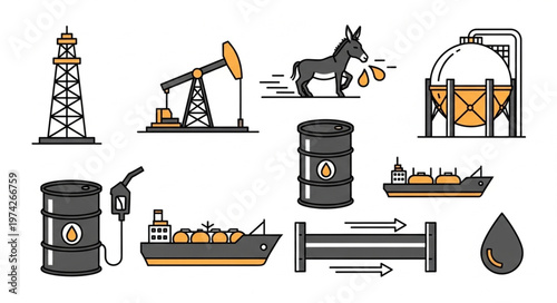 Oil Industry Icons - Extraction, Transportation, and Storage.