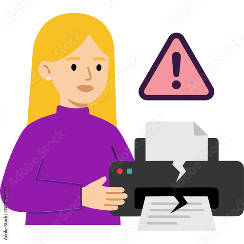 Woman holds smartphone next to malfunctioning printer with warning sign.