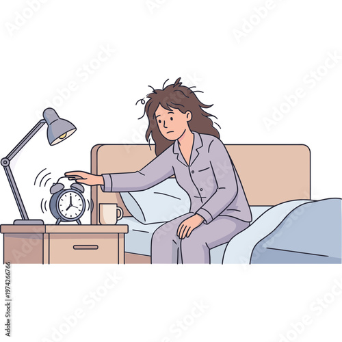 Woman wakes up late in bed, reaching for the alarm clock