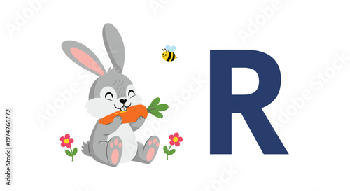 Cute grey rabbit is sitting and nibbling on a carrot next to a large blue letter R with a bee and small flowers in a simple educational illustration.