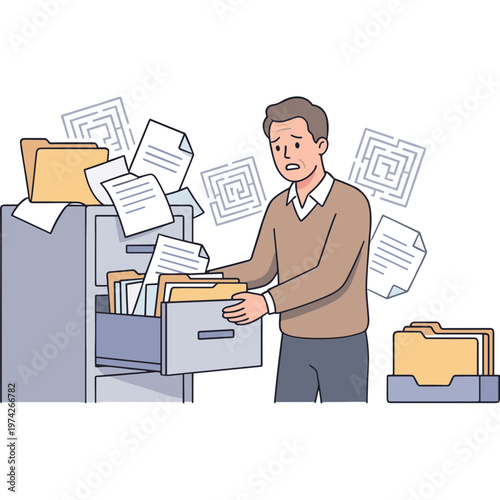 Man overwhelmed by paperwork while filing documents in office