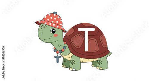 Charming turtle wearing a red and white polka dot hat and a beaded necklace is decorated with a large white letter T on its brown shell.