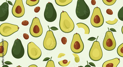 Seamless pattern of whole and halved avocados with brown pits and green leaves is displayed on a soft light green background for a healthy look.