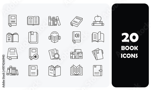 20 Minimalist Book and Education Line Icons Set for Library and E-Learning