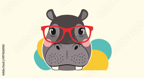 Cute hippo face wearing large red-rimmed glasses is shown against a cream background decorated with colorful abstract circles in blue and yellow.