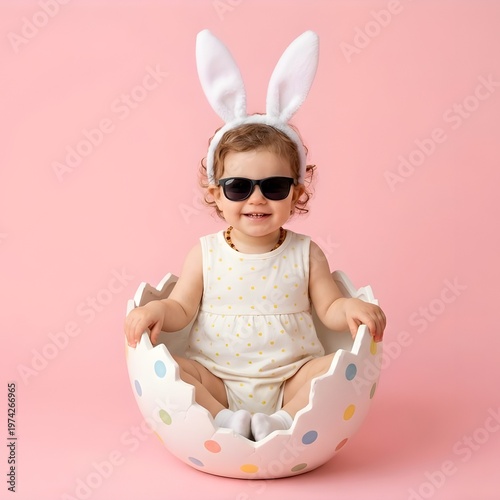 Playful Toddler Wearing Sunglasses Inside Cracked Eggshell with Colorful Polka Dots on Light Pink Background Professional Studio Lighting Open Space bunny