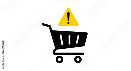 A warning icon of a shopping cart with an exclamation mark above it, indicating caution or alertness while shopping online.