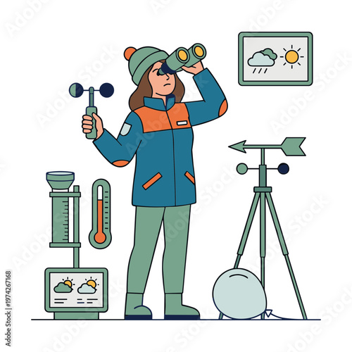 A woman in winter gear observes weather conditions with binoculars and instruments.