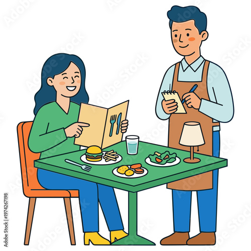 A smiling waiter serves a woman who is choosing from a menu at a restaurant table with food.