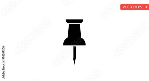 A minimalist vector graphic of a black push pin on a white background
