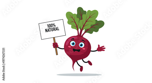 Happy red beet character with green leaves and a smiling face is holding a sign that says one hundred percent natural on a white background.