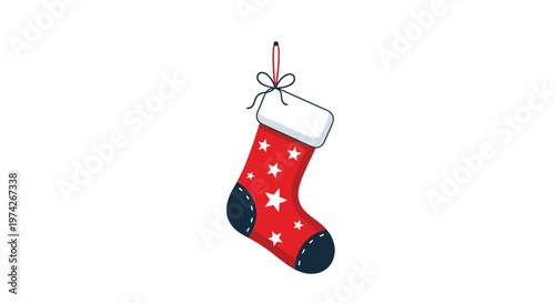 Red Christmas stocking with white star patterns and a black toe and heel is shown hanging against a clean and solid white background for the holidays.