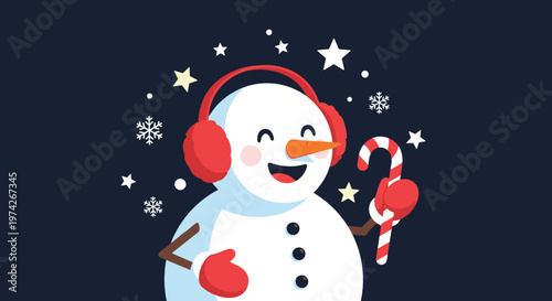 Jolly snowman wearing red earmuffs and holding a striped candy cane stands under a starry night sky with falling snowflakes.