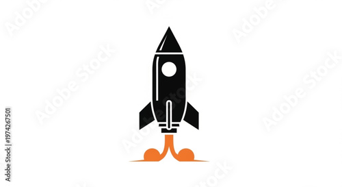 A minimalist vector graphic of a rocket ship launching into space with orange flames