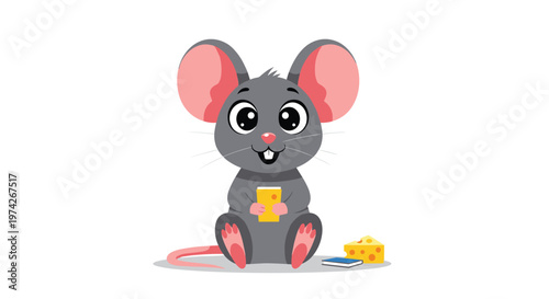 Happy little grey mouse holds a small yellow snack while sitting next to a book and a large wedge of Swiss cheese on white.