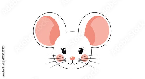 Close up view of a sweet white mouse face with large pink ears, long whiskers, and rosy cheeks on a solid white background.