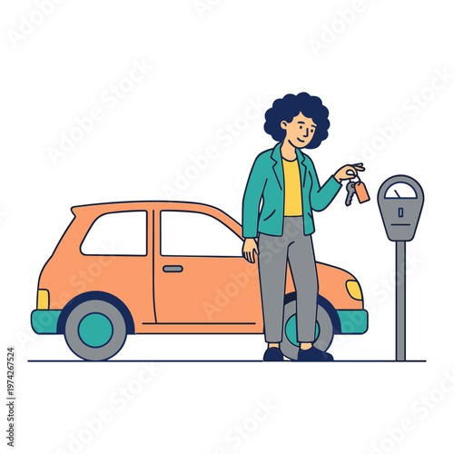 A woman stands beside her orange car holding keys near a parking meter.
