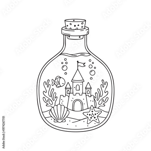 Cute cartoon line drawing of an underwater scene with a castle in a glass bottle

