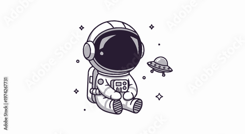Cute Cartoon Astronaut Sitting and Observing a UFO in Space.