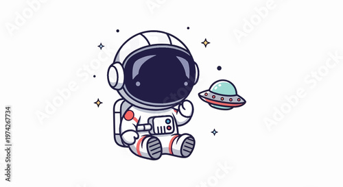 Cute Cartoon Astronaut Sitting and Observing a UFO in Space.