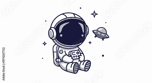 Cute Cartoon Astronaut Sitting and Playing with a Game Controller.