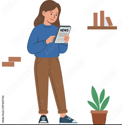 Woman reading newspaper standing indoors with potted plant and books nearby