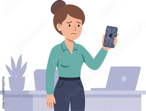 Woman holding broken smartphone with sadness in office setting