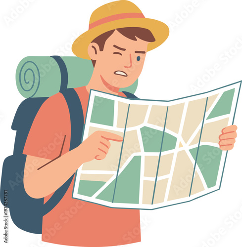 A man with a backpack and hat studies a map while looking confused outdoors
