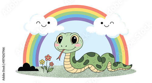 Cute green snake with dark spots slithers across a field of grass under a bright colorful rainbow flanked by two smiling clouds.
