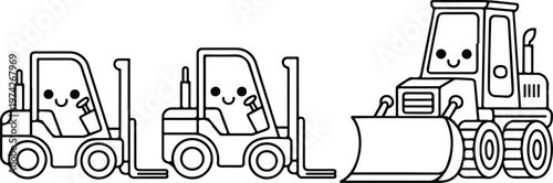 Clean vector illustration of three cartoon construction machines with forklift and bulldozer faces in playful horizontal arrangement