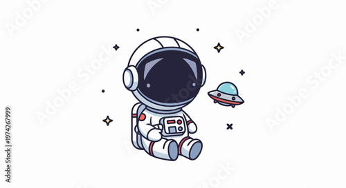 Cute Cartoon Astronaut Sitting and Watching a Flying Saucer.